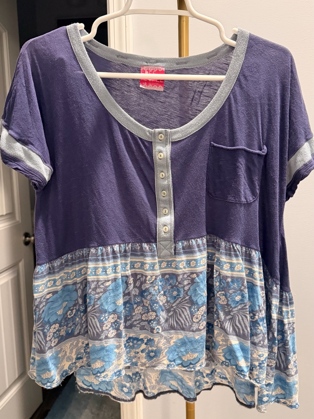 Free People Purple and Light Blue Mixed-Print Henley Tunic